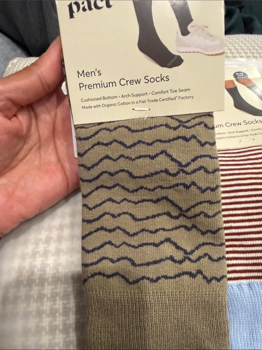 Pact Men's Crew Socks —Olive Wave & Red Stripe with Light Blue Cuff (2-Pack)